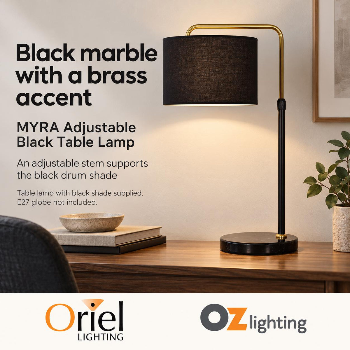 Oriel MYRA Table Lamp - Max. 40W, Adjustable-Oriel Lighting-Ozlighting.com.au