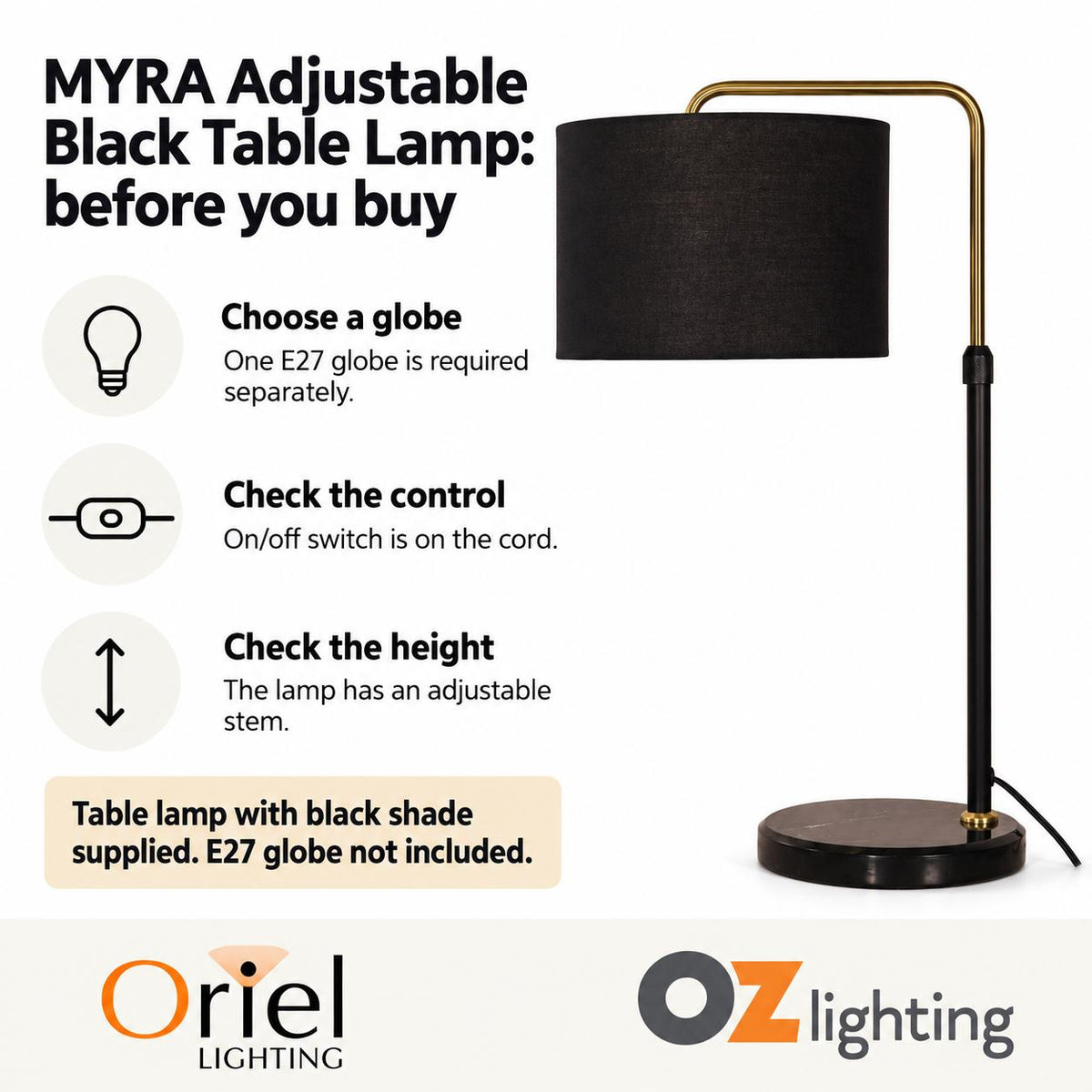 Oriel MYRA Table Lamp - Max. 40W, Adjustable-Oriel Lighting-Ozlighting.com.au