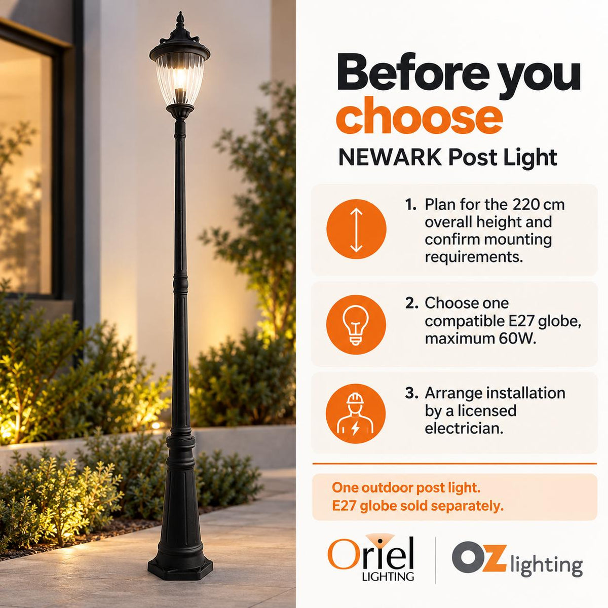 Oriel NEWARK Outdoor Post Light - 1 Light Traditional, IP44-Oriel Lighting-Ozlighting.com.au