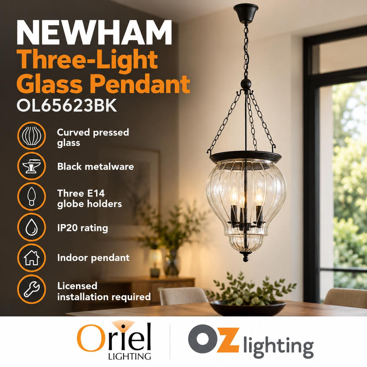 Oriel NEWHAM Pendant - 3 Light-Oriel Lighting-Ozlighting.com.au
