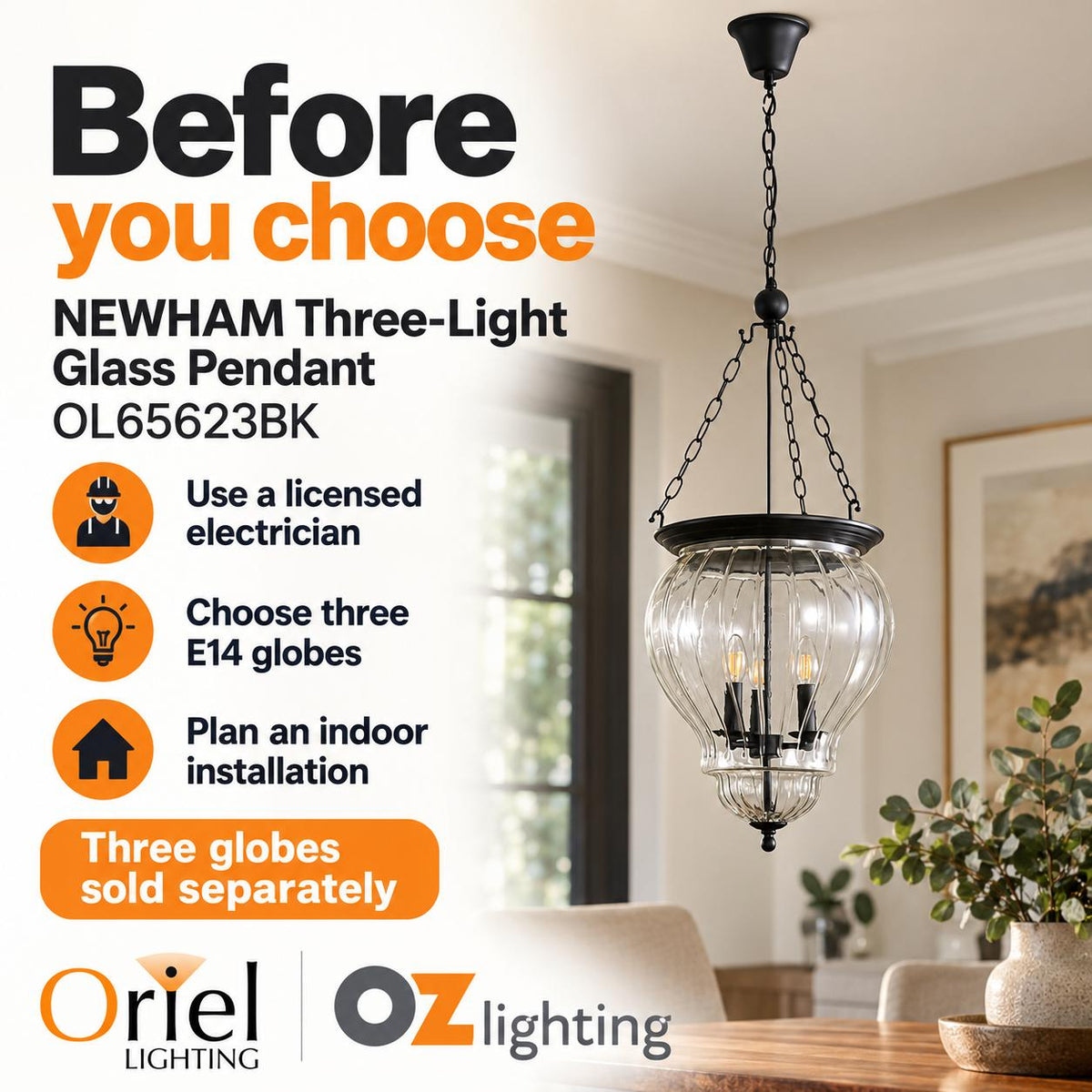 Oriel NEWHAM Pendant - 3 Light-Oriel Lighting-Ozlighting.com.au