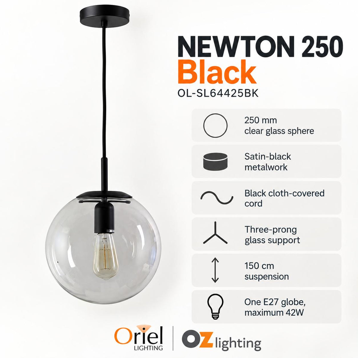 Oriel NEWTON Pendant - 250/300/400mm 1 Light Clear Glass, Matte Black / 250mm-Oriel Lighting-Ozlighting.com.au