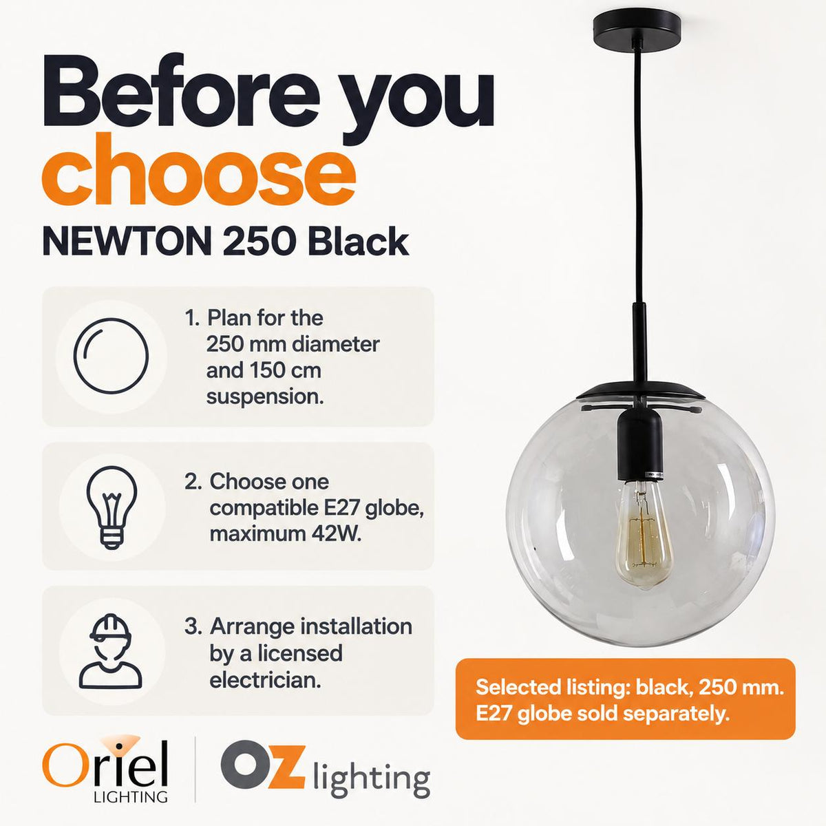 Oriel NEWTON Pendant - 250/300/400mm 1 Light Clear Glass, Matte Black / 250mm-Oriel Lighting-Ozlighting.com.au