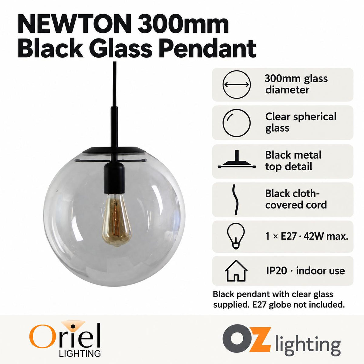 Oriel NEWTON Pendant - 250/300/400mm 1 Light Clear Glass-Oriel Lighting-Ozlighting.com.au