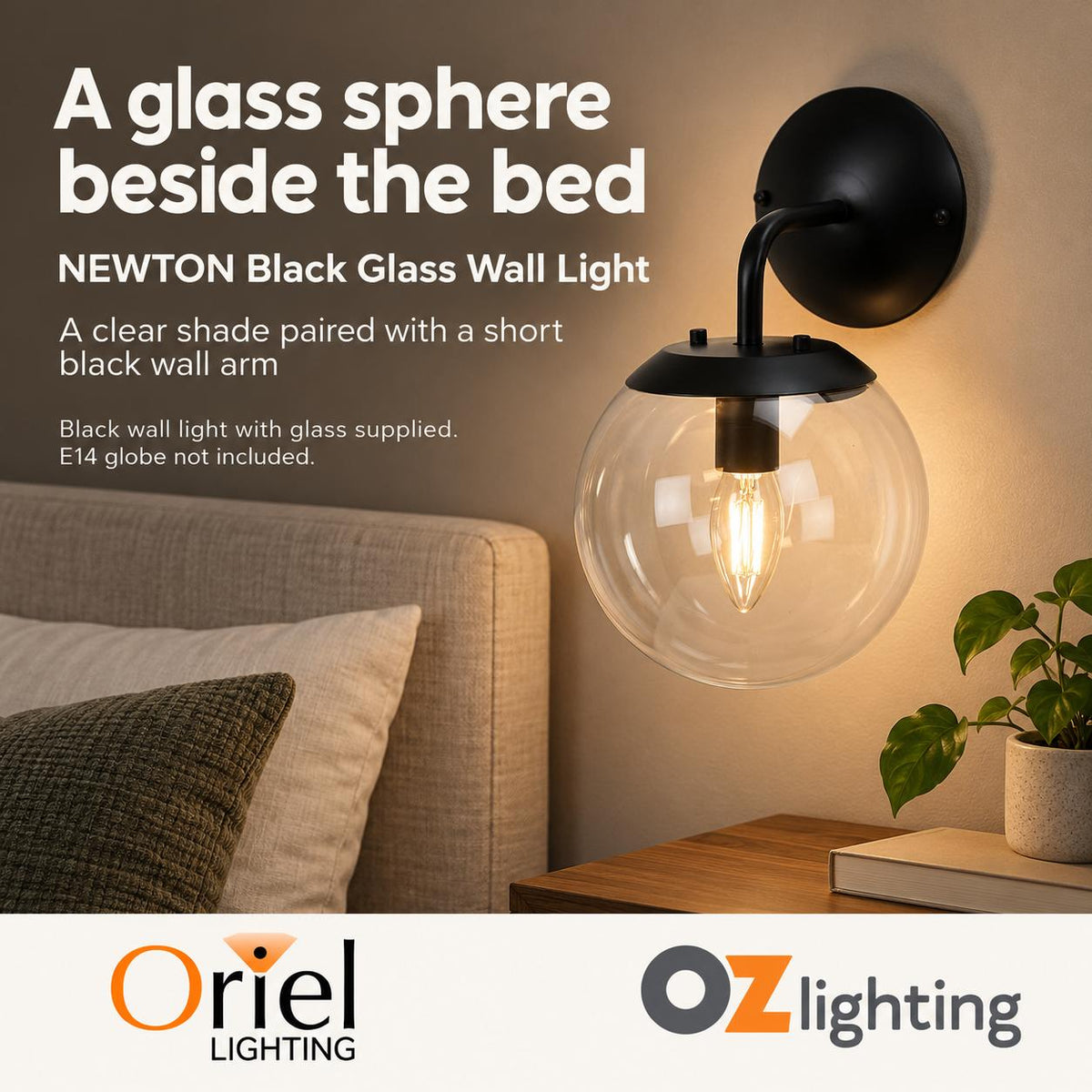Oriel NEWTON Wall Light - 1 Light Glass Interior, Matt Black-Oriel Lighting-Ozlighting.com.au