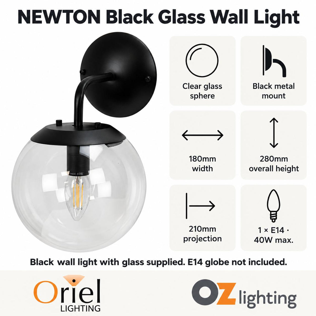 Oriel NEWTON Wall Light - 1 Light Glass Interior, Matt Black-Oriel Lighting-Ozlighting.com.au