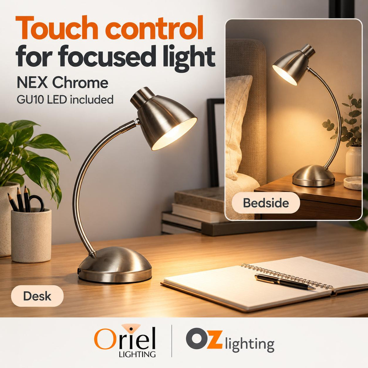 Oriel NEX Touch LED Desk & Table Lamp - 6W, Task, 3000K-Oriel Lighting-Ozlighting.com.au