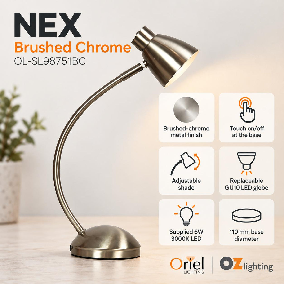 Oriel NEX Touch LED Desk & Table Lamp - 6W, Task, 3000K-Oriel Lighting-Ozlighting.com.au