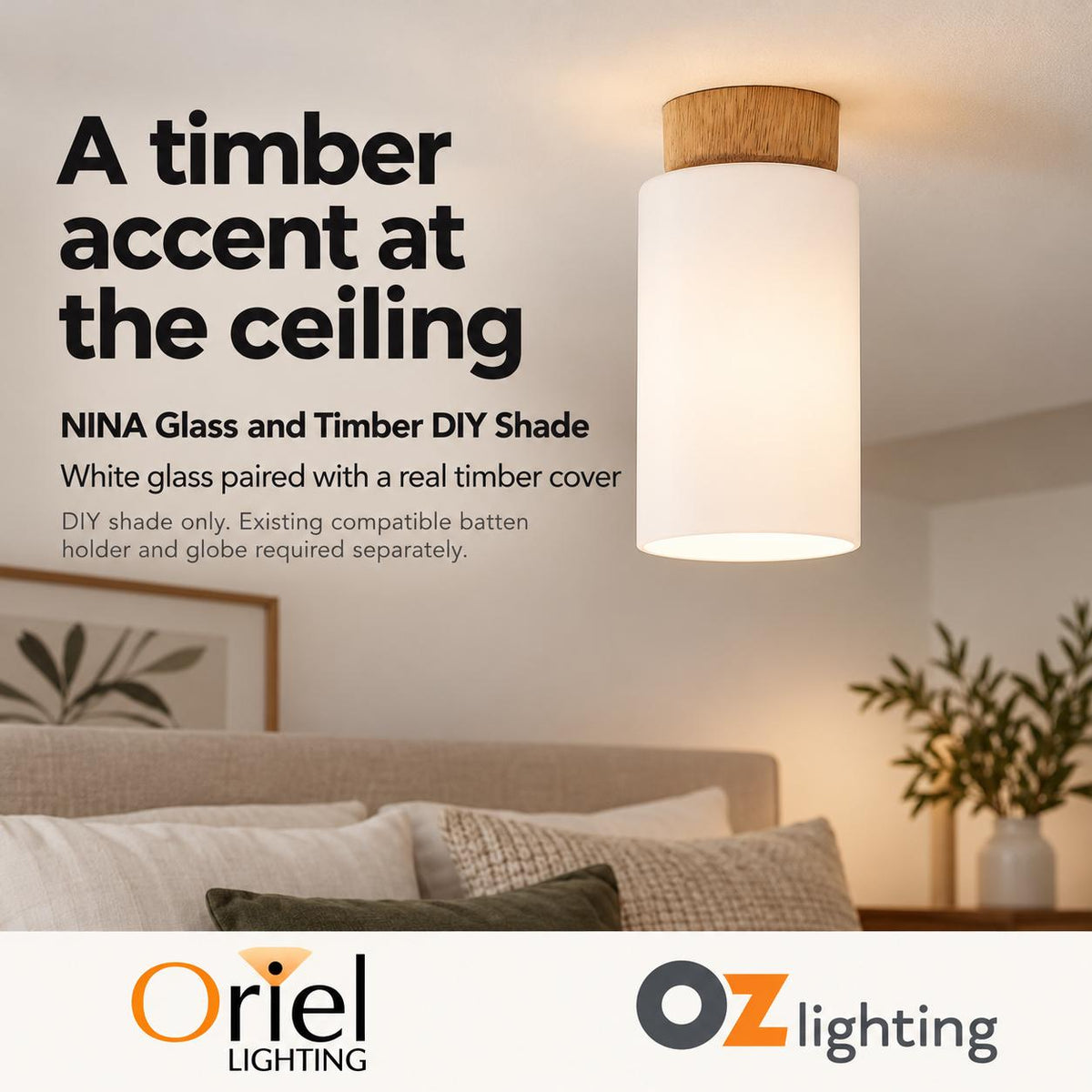 Oriel NINA DIY Shade - Glass & Timber-Oriel Lighting-Ozlighting.com.au