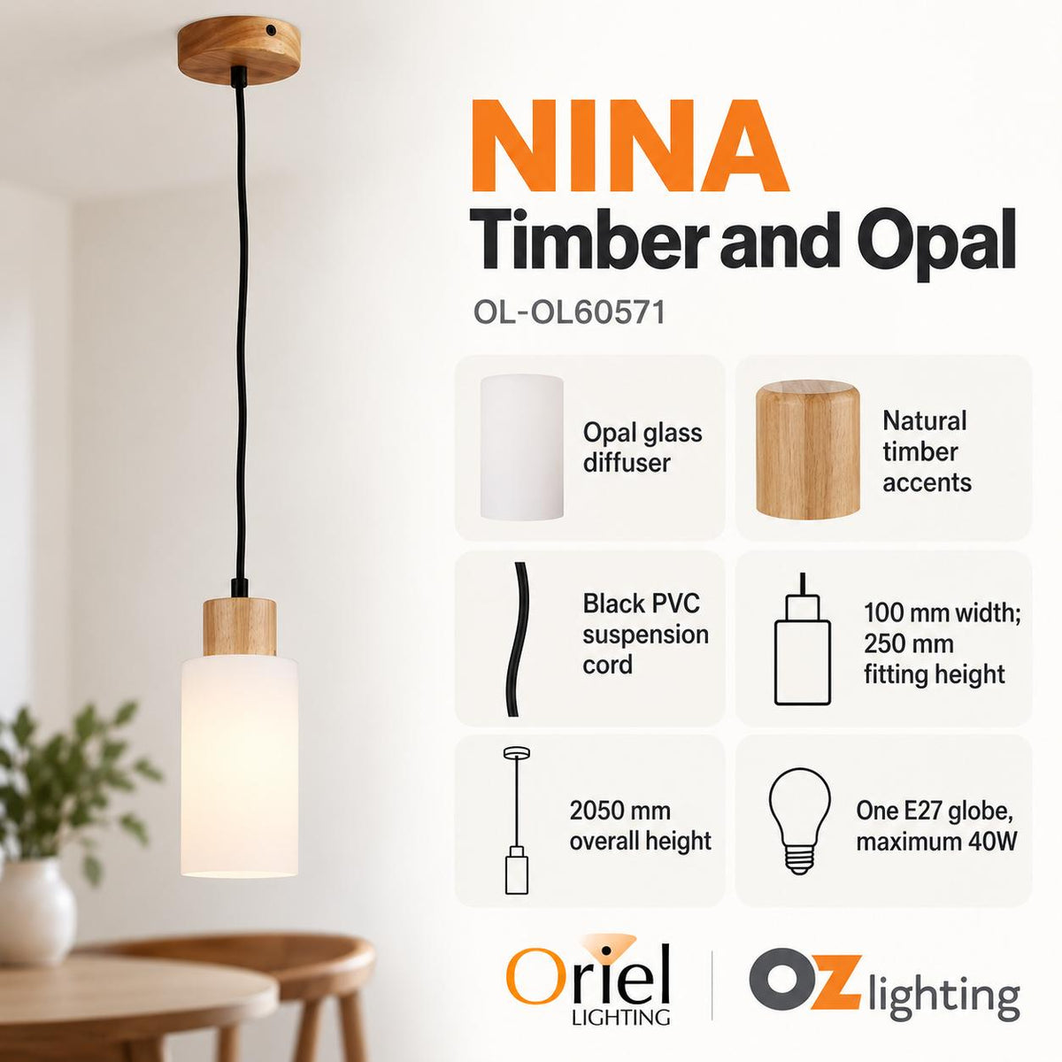 Oriel NINA Pendant - 1 Light Glass-Oriel Lighting-Ozlighting.com.au