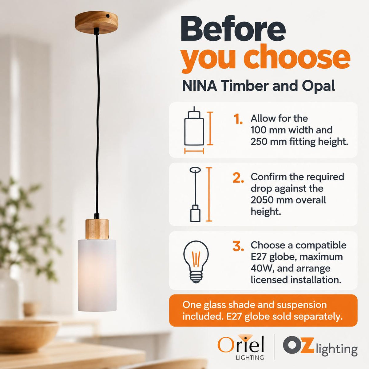 Oriel NINA Pendant - 1 Light Glass-Oriel Lighting-Ozlighting.com.au