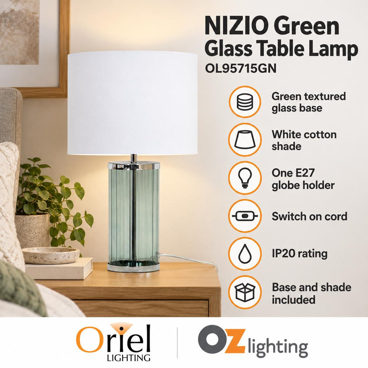 Oriel NIZIO Table Lamp - Coloured Glass, Green-Oriel Lighting-Ozlighting.com.au