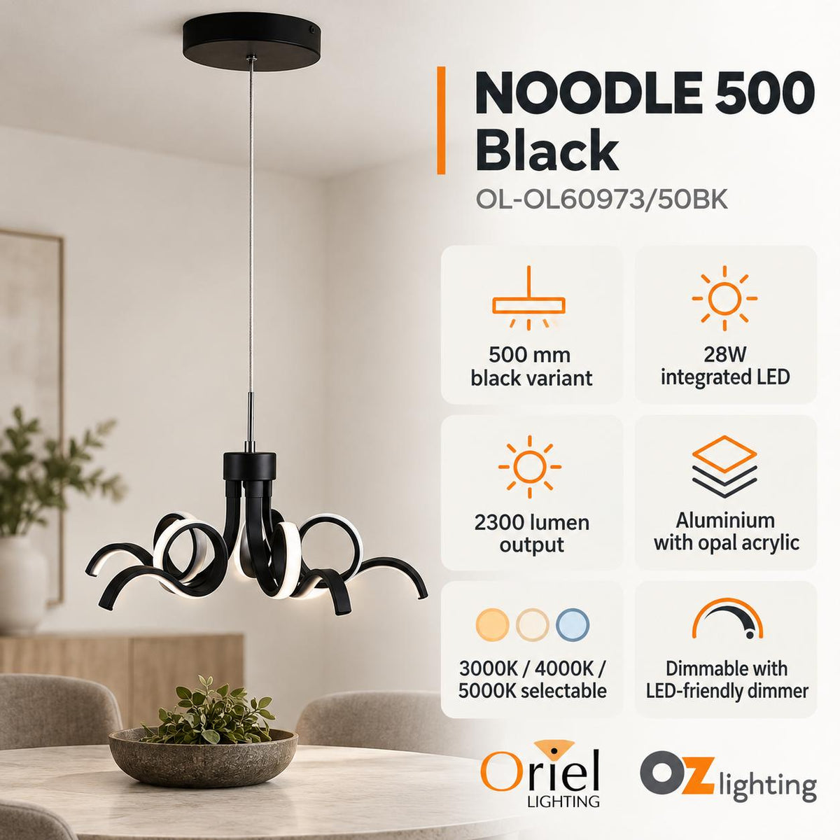 Oriel NOODLE Pendant - 1 Light Tri-Colour-Oriel Lighting-Ozlighting.com.au
