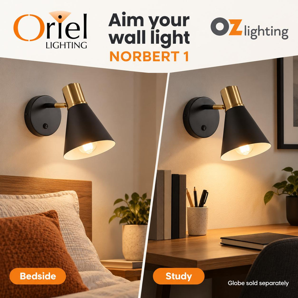 Oriel NORBERT 1 Wall Light - Max. 60W, with Switch-Oriel Lighting-Ozlighting.com.au