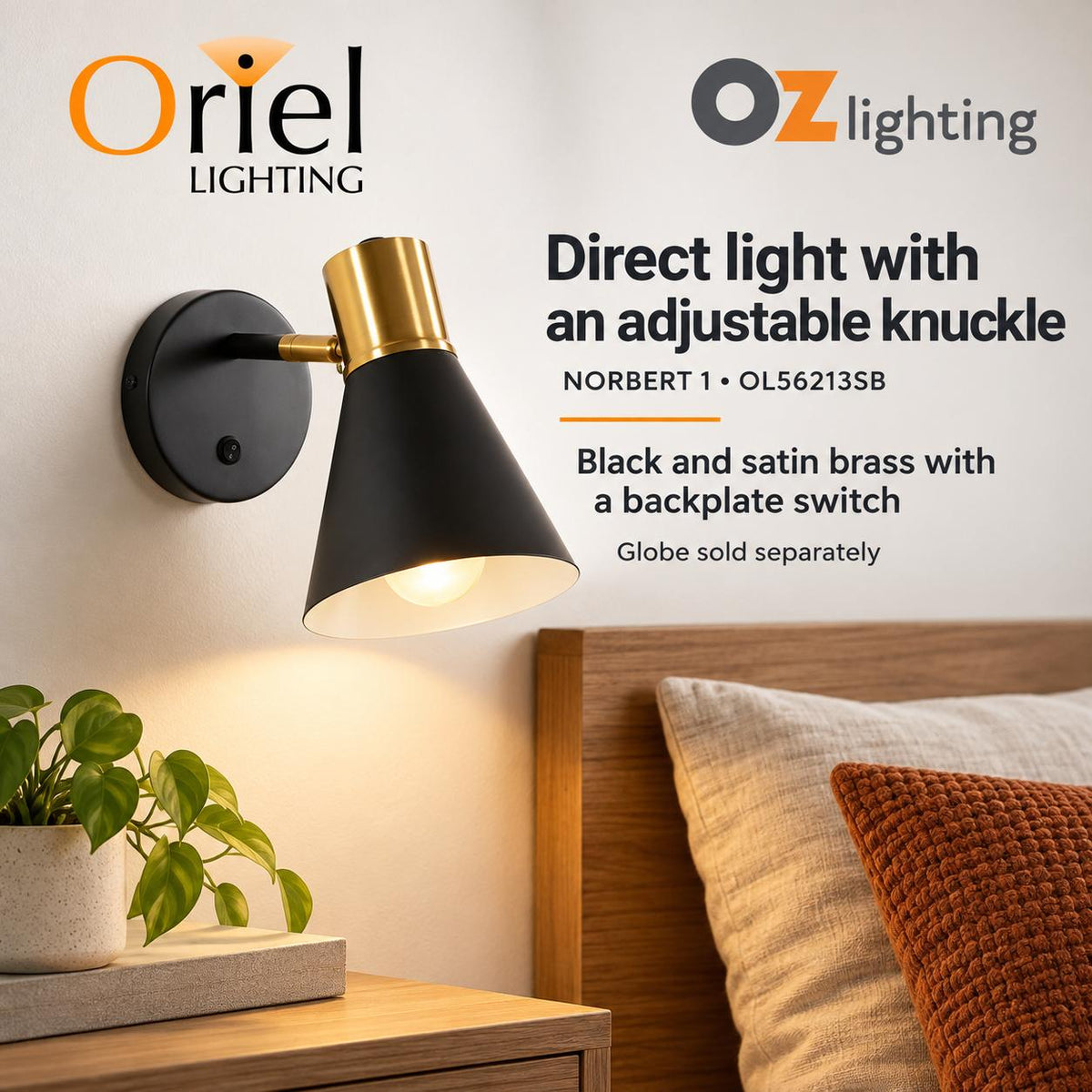 Oriel NORBERT 1 Wall Light - Max. 60W, with Switch-Oriel Lighting-Ozlighting.com.au