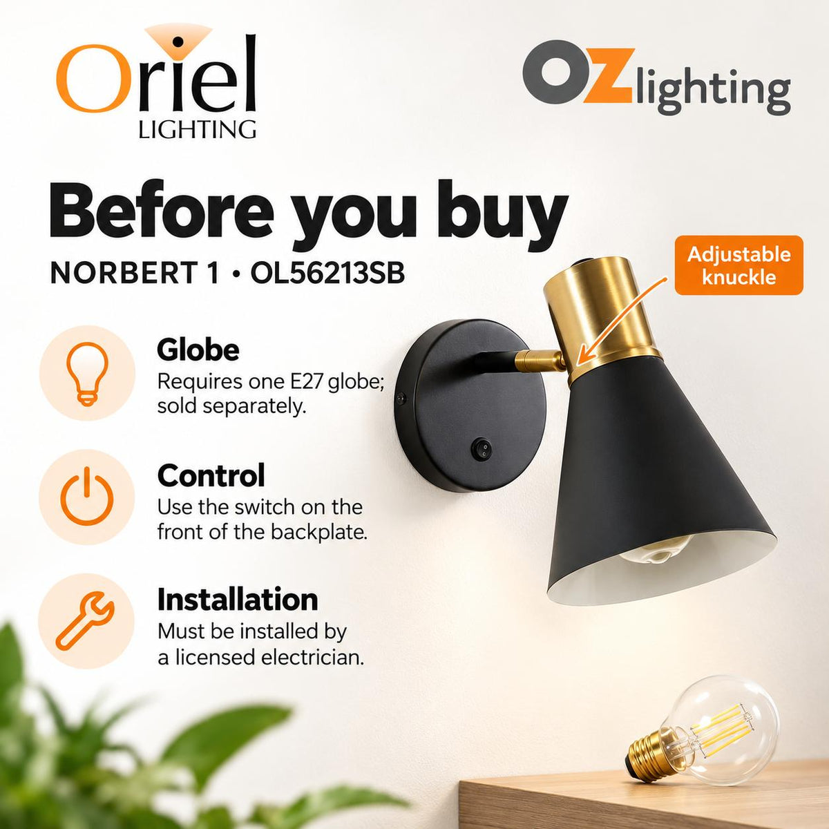 Oriel NORBERT 1 Wall Light - Max. 60W, with Switch-Oriel Lighting-Ozlighting.com.au