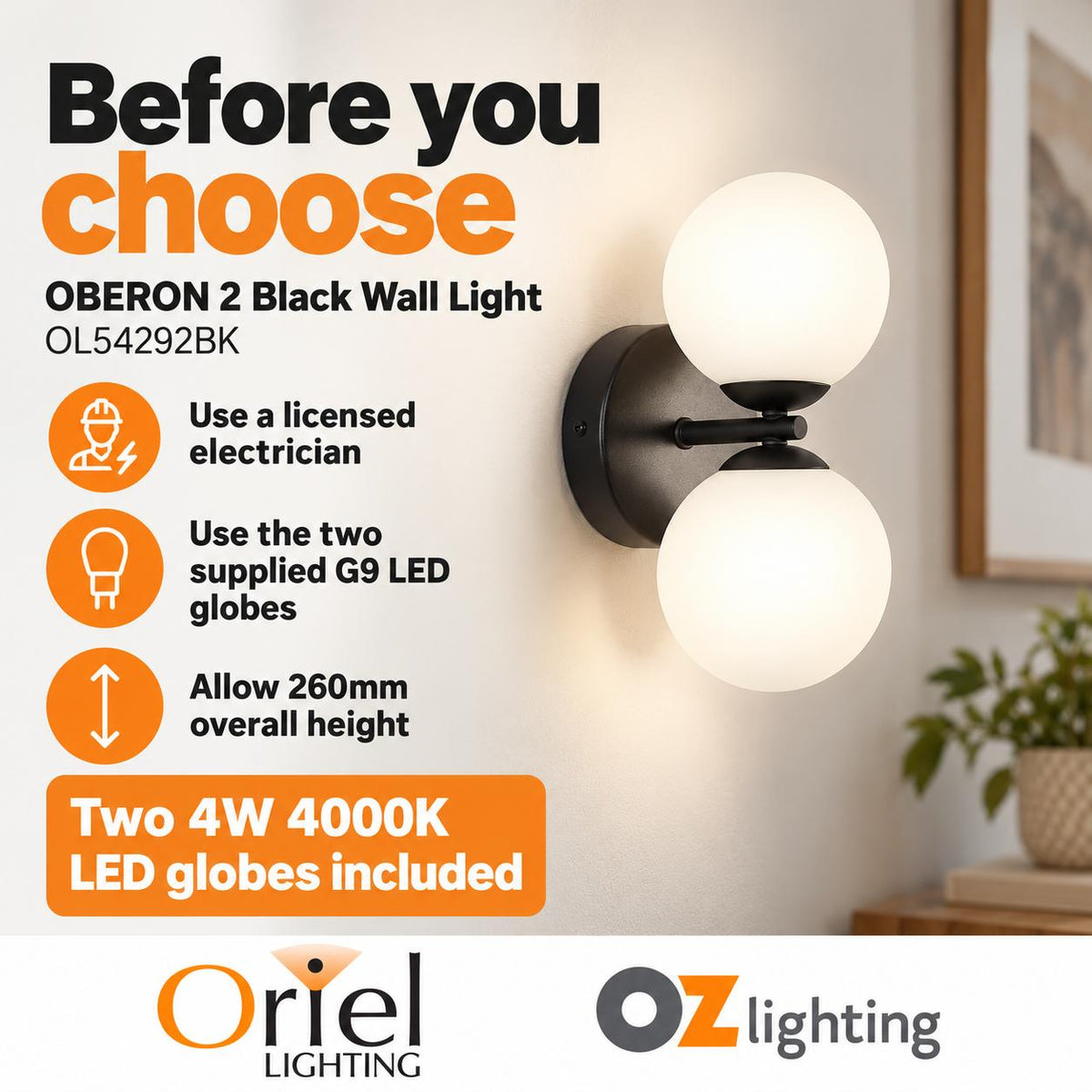 Oriel OBERON 2 Wall Light - 4W-Oriel Lighting-Ozlighting.com.au