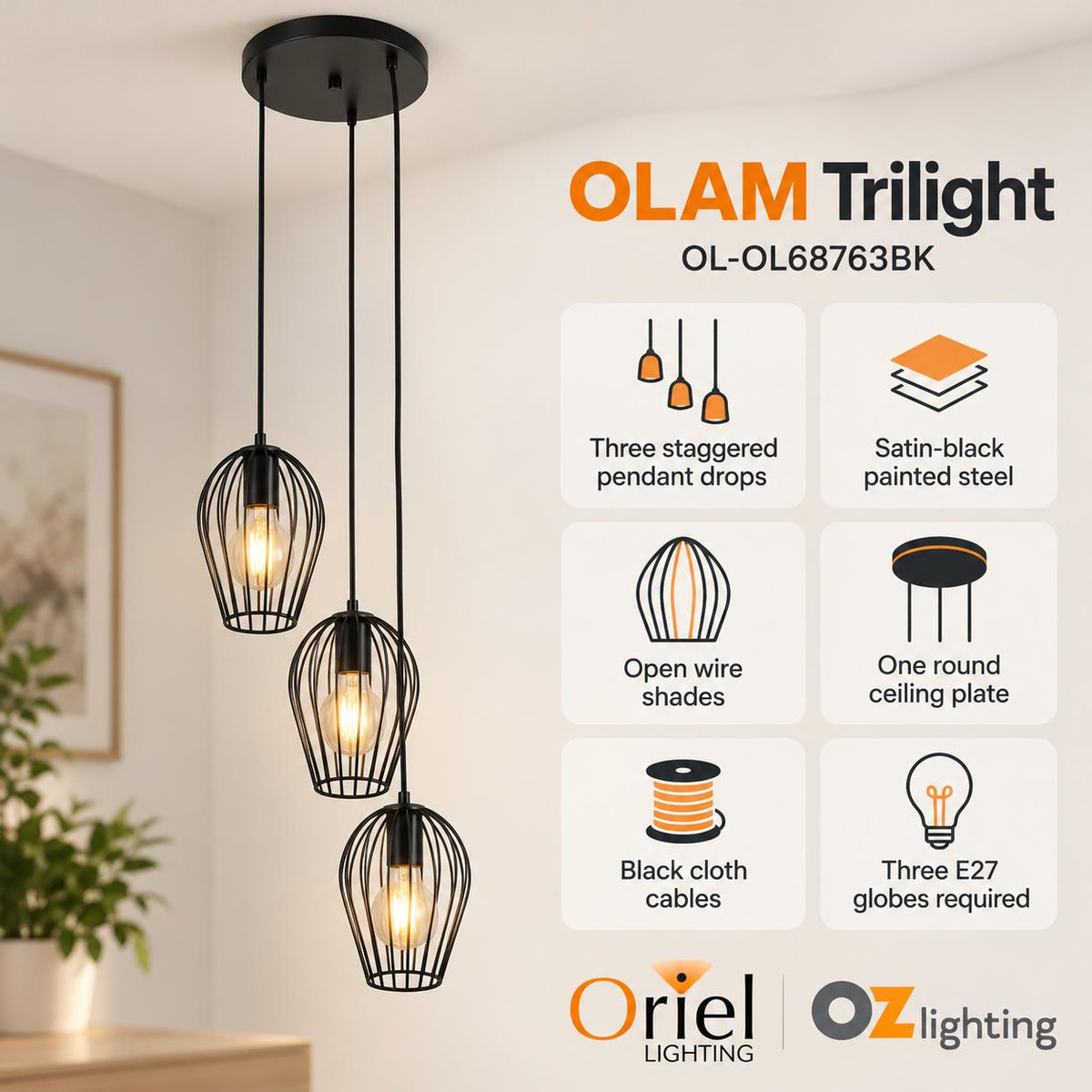 Oriel OLAM Pendant - 3 Light-Oriel Lighting-Ozlighting.com.au