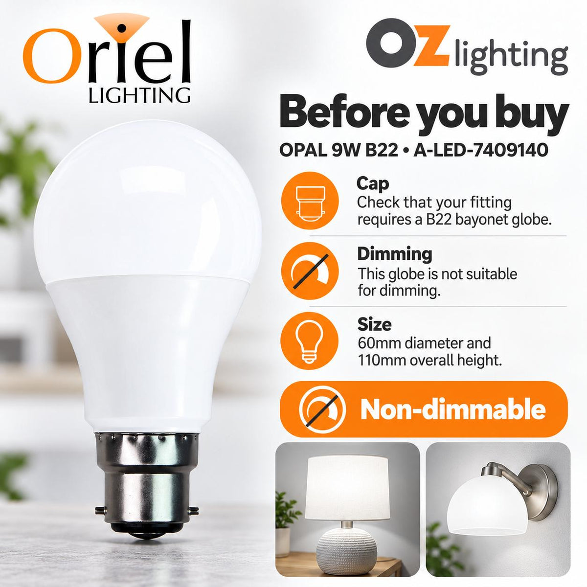 Oriel OPAL LED Globe - 9W, 4000K, B22, Opal-Oriel Lighting-Ozlighting.com.au