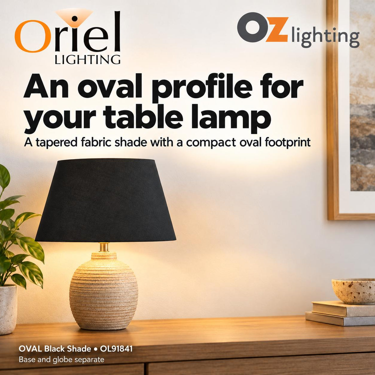 Oriel OVAL Lamp Shade - 31cm Tapered Oval Fabric, Black-Oriel Lighting-Ozlighting.com.au