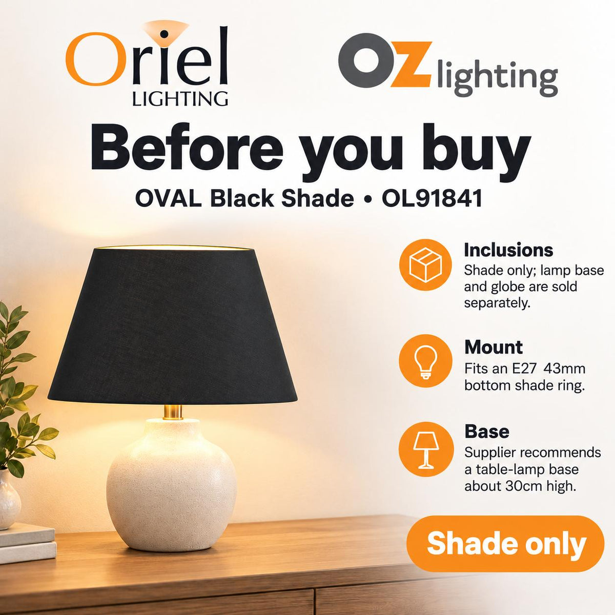 Oriel OVAL Lamp Shade - 31cm Tapered Oval Fabric, Black-Oriel Lighting-Ozlighting.com.au