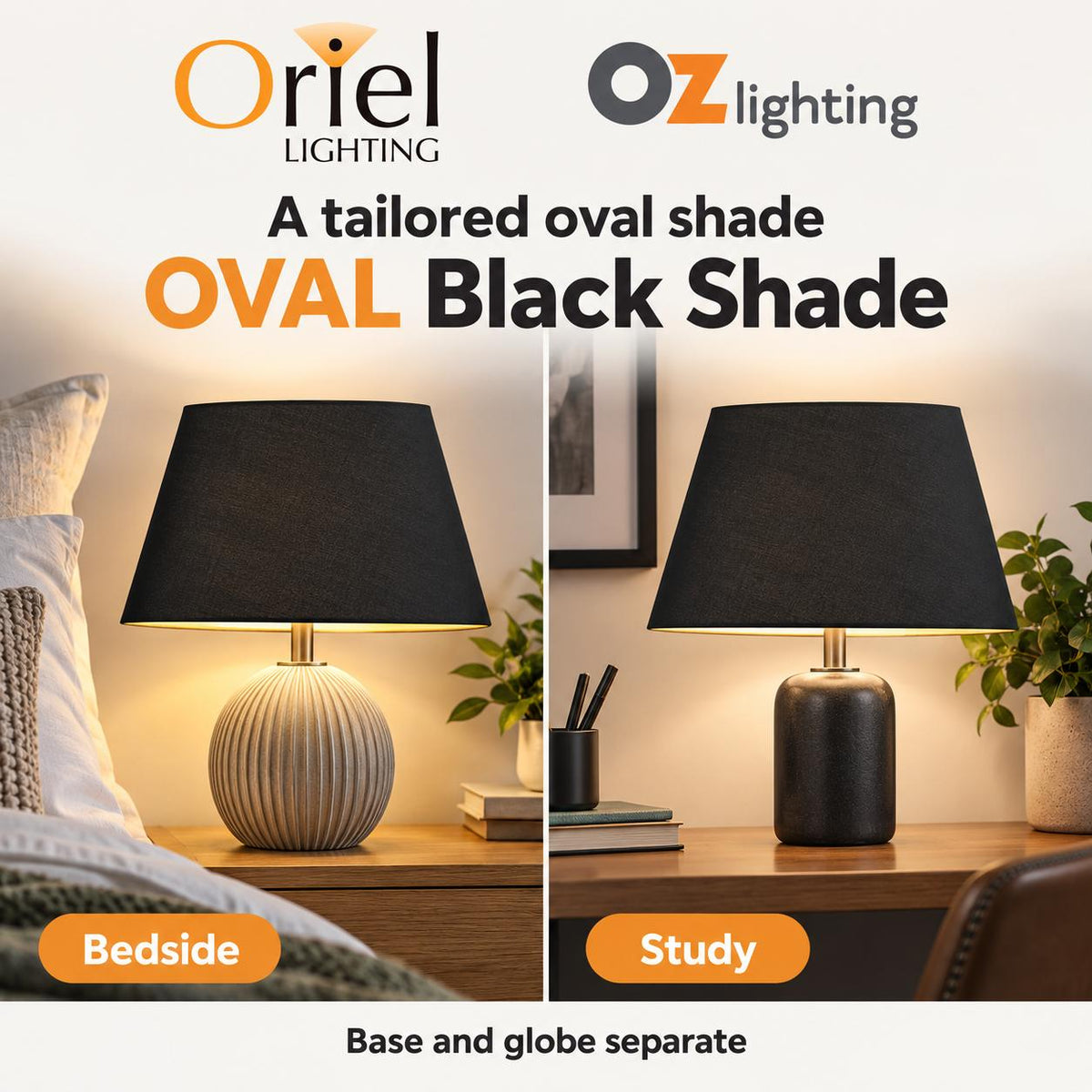 Oriel OVAL Lamp Shade - 31cm Tapered Oval Fabric, Black-Oriel Lighting-Ozlighting.com.au
