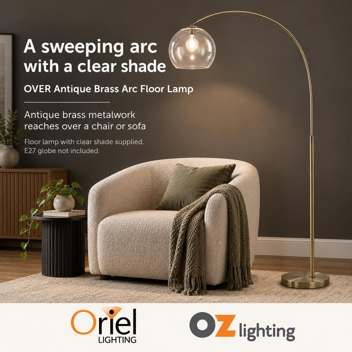 Oriel OVER Arc Floor Lamp - Acrylic Shade, E27-Oriel Lighting-Ozlighting.com.au