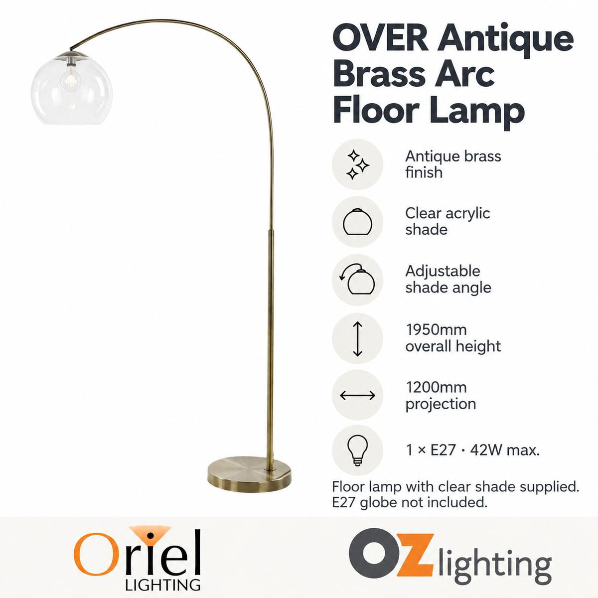 Oriel OVER Arc Floor Lamp - Acrylic Shade, E27-Oriel Lighting-Ozlighting.com.au