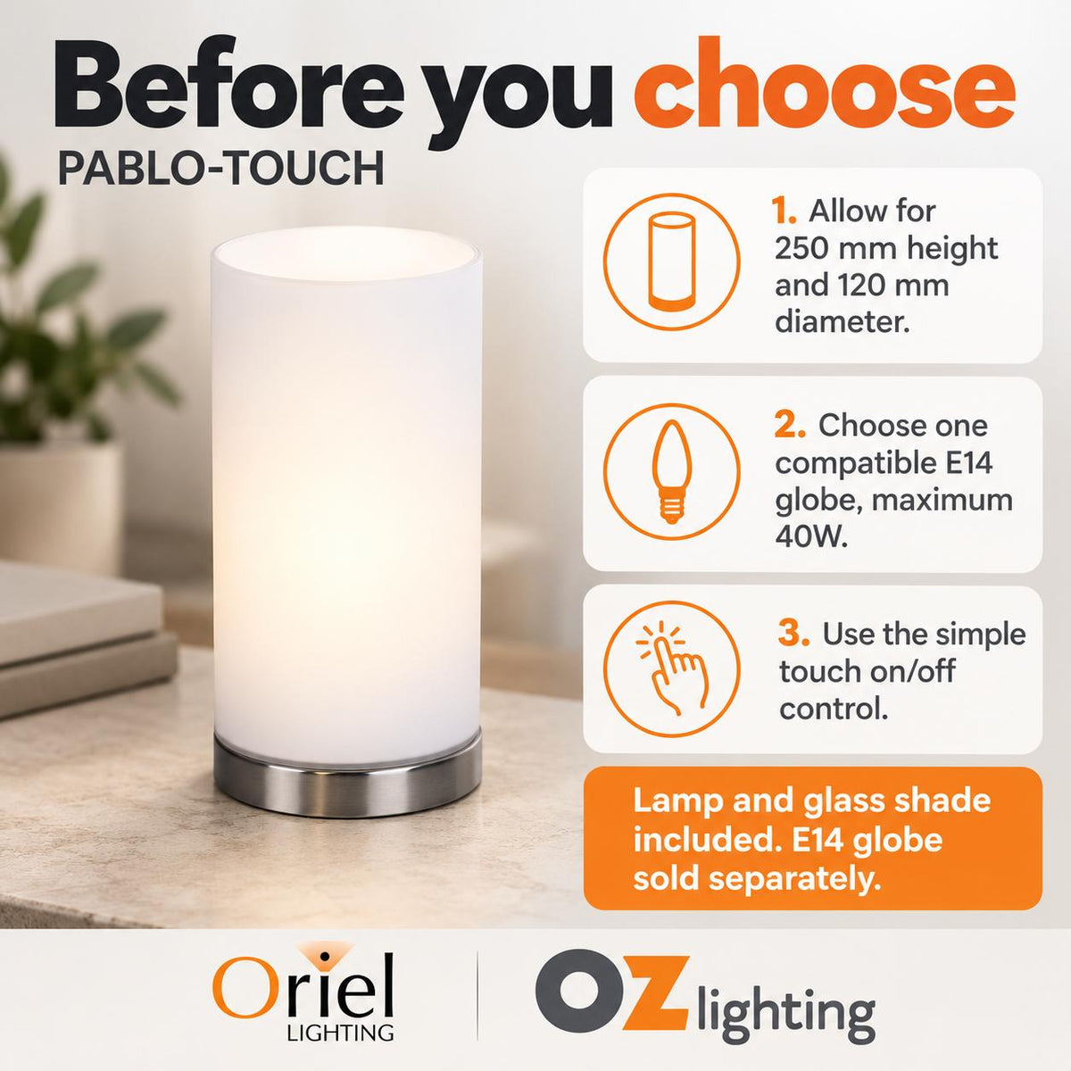 Oriel PABLO-TOUCH Touch Table Lamp-Oriel Lighting-Ozlighting.com.au