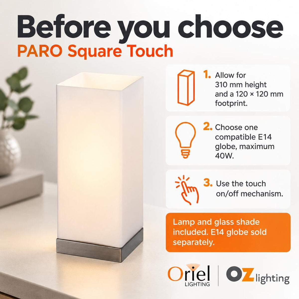 Oriel PARO Touch Table Lamp - Square-Oriel Lighting-Ozlighting.com.au