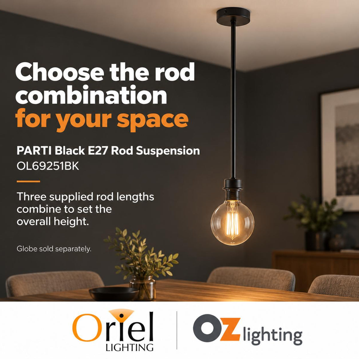 Oriel PARTI Rod Suspension - Single-Oriel Lighting-Ozlighting.com.au