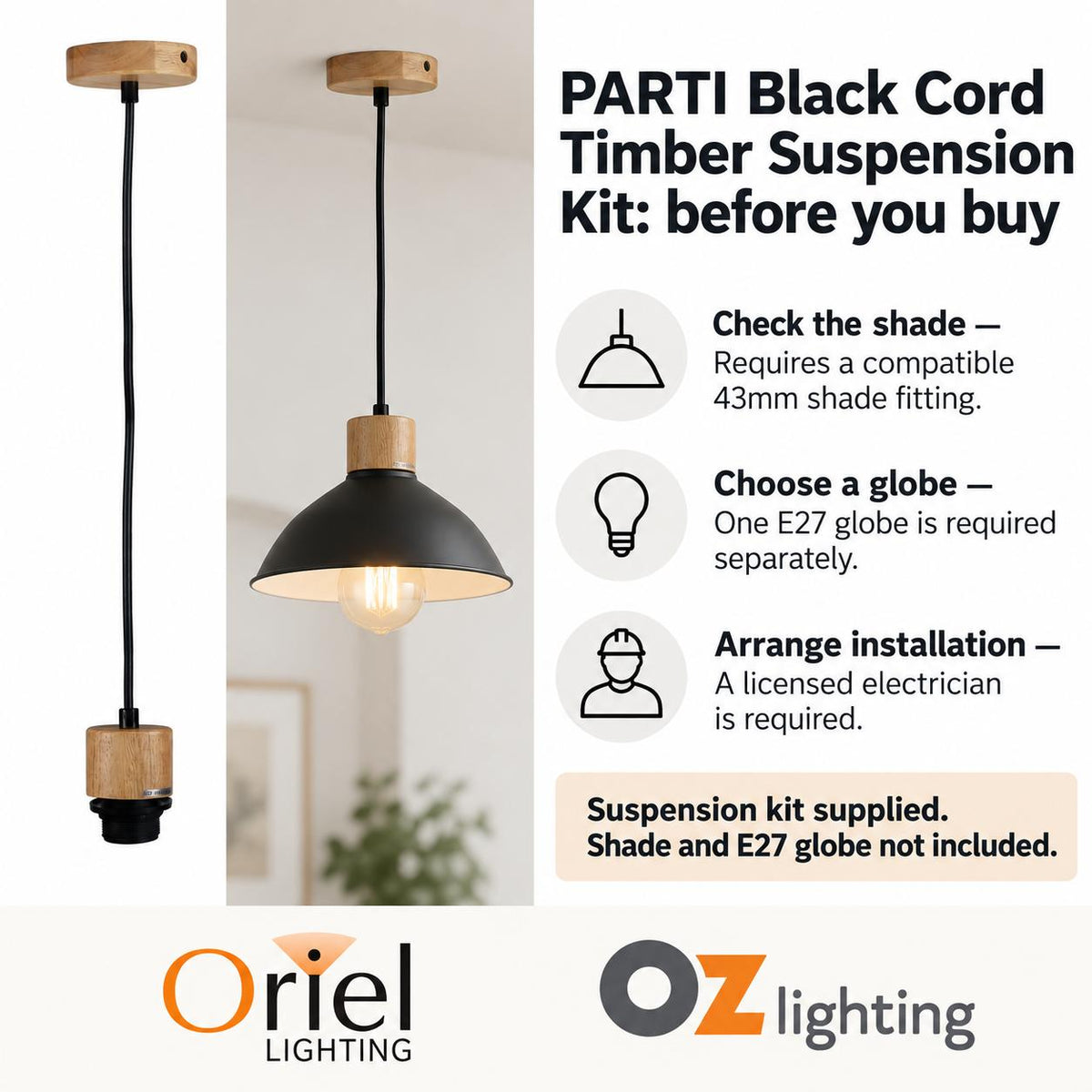 Oriel PARTI Suspension Kit - Wood-Oriel Lighting-Ozlighting.com.au