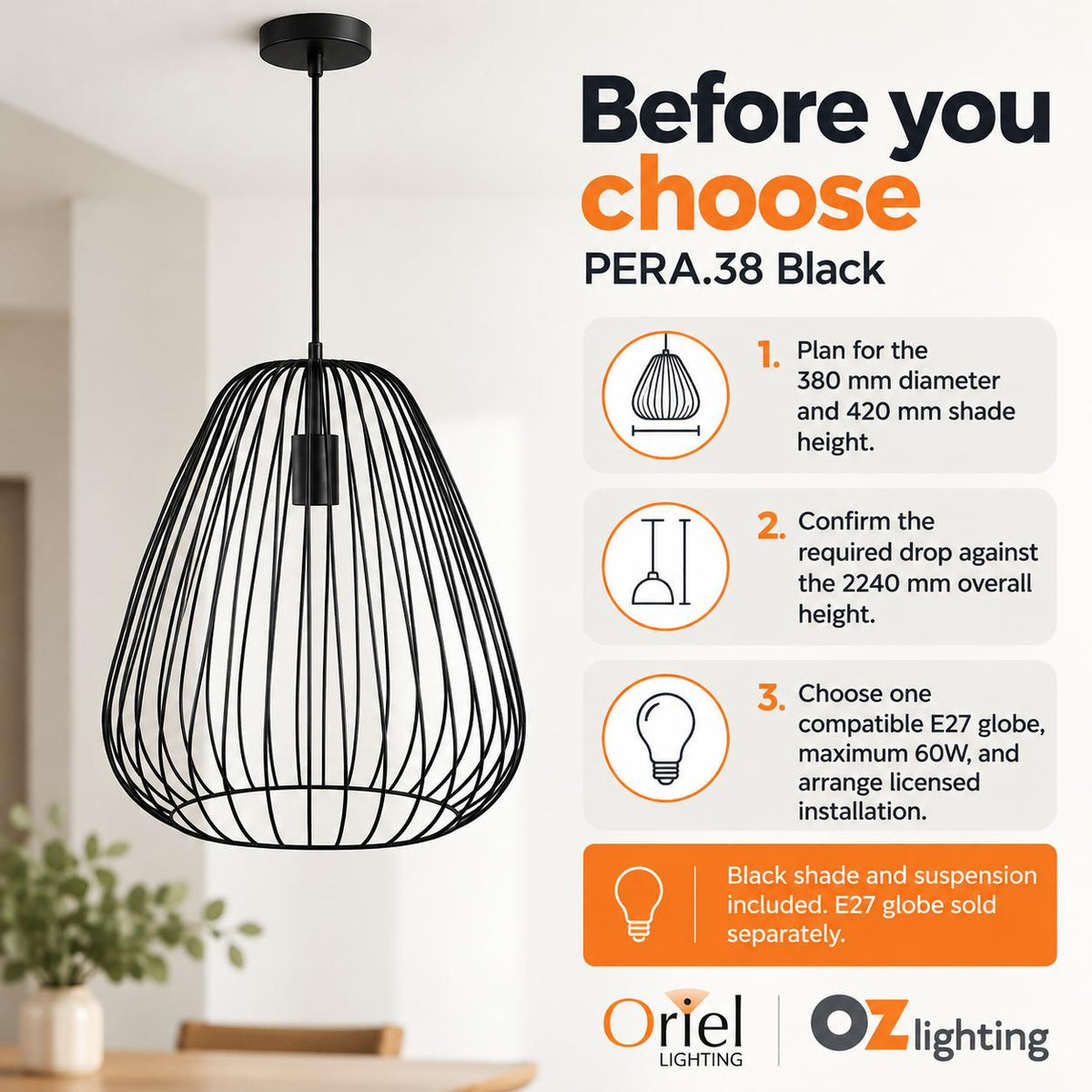 Oriel PERA.38 Pendant - 1 Light-Oriel Lighting-Ozlighting.com.au