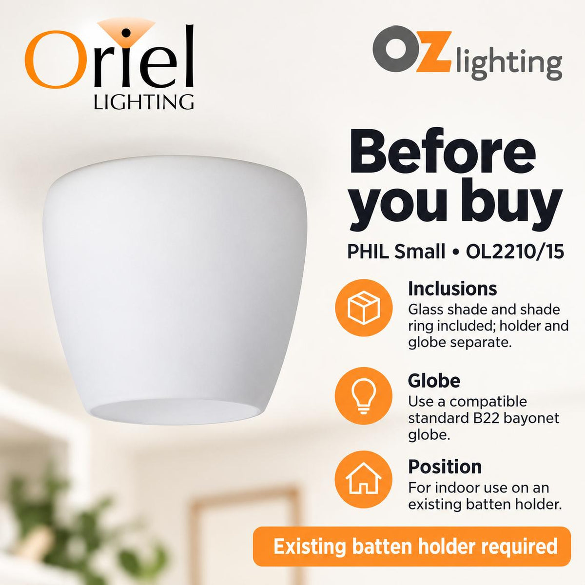 Oriel PHIL DIY Batten Fix - Holder Cover Opal Matt Glass Ceiling Light Shade Only-Oriel Lighting-Ozlighting.com.au