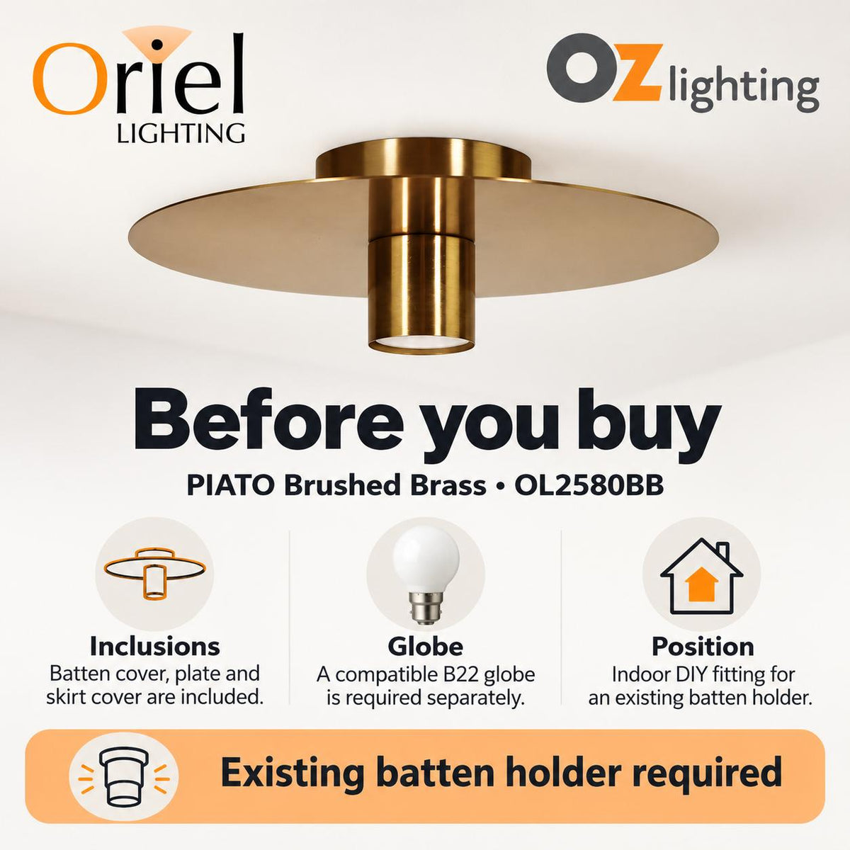Oriel PIATO-BB DIY Batten Fix - Holder Cover Metal Brushed Brass Ceiling Light Shade Only-Oriel Lighting-Ozlighting.com.au