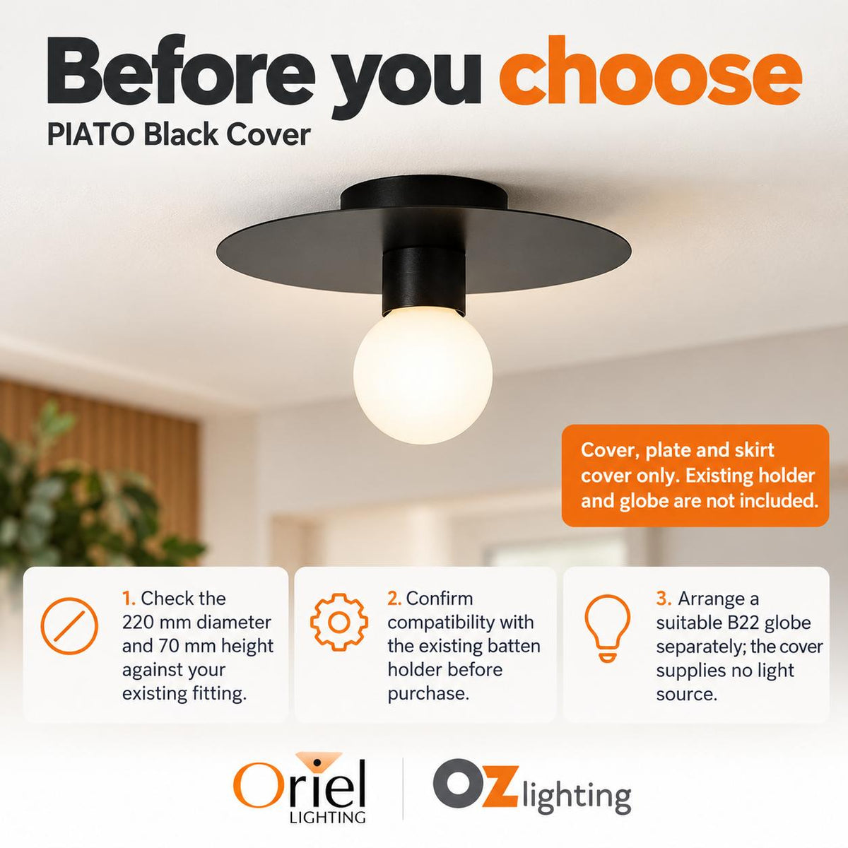 Oriel PIATO DIY Batten Fix - Holder Cover Metal Ceiling Light Shade Only-Oriel Lighting-Ozlighting.com.au