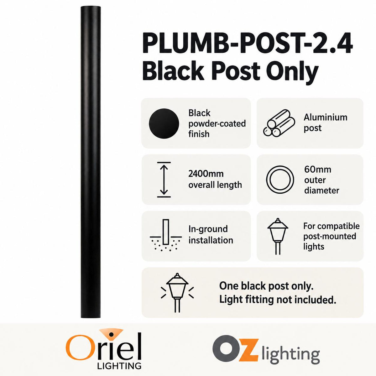 Oriel PLUMB-POST-2.4 Post Only - 2.4M X 60mm Aluminium, Black-Oriel Lighting-Ozlighting.com.au