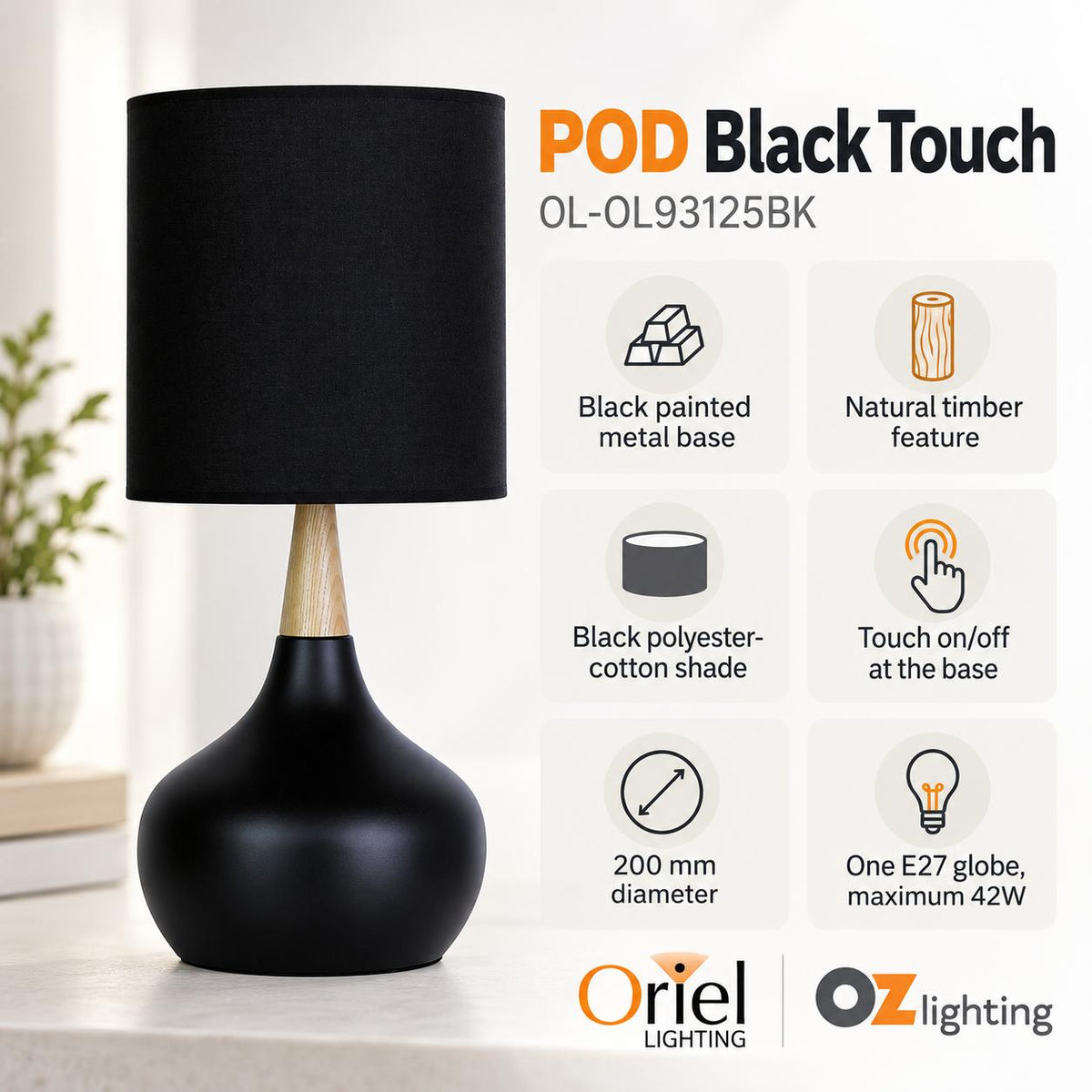Oriel POD Touch Table Lamp-Oriel Lighting-Ozlighting.com.au