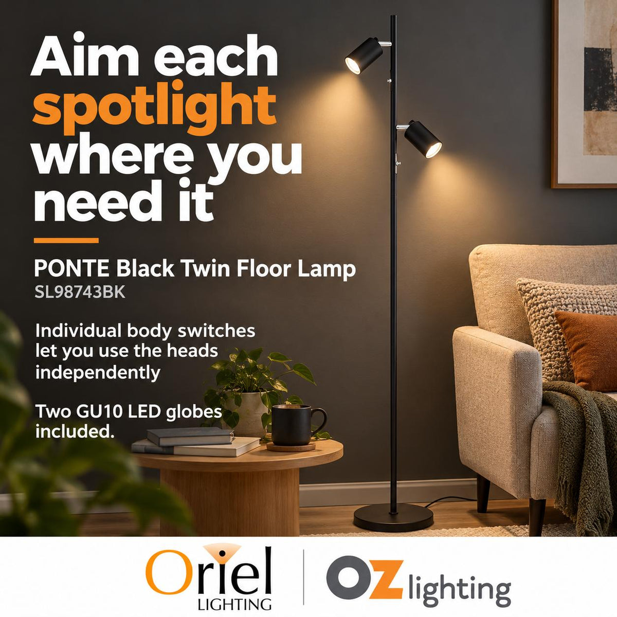 Oriel PONTE Floor Lamp - Adjustable Twin-Oriel Lighting-Ozlighting.com.au