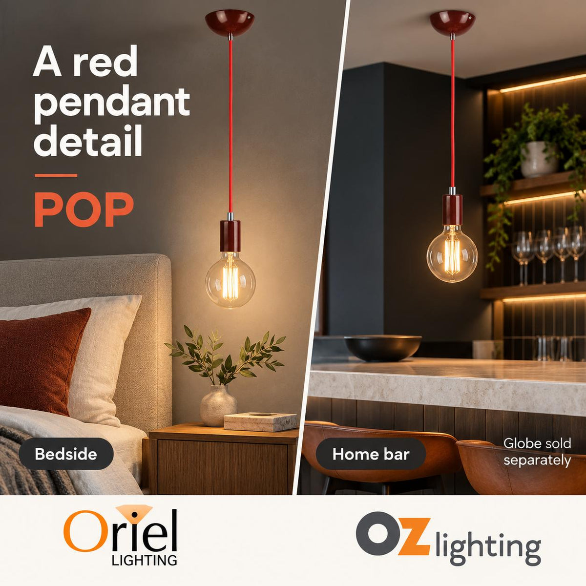 Oriel POP Pendant - 2m Single Drop Red Metal Suspension-Oriel Lighting-Ozlighting.com.au