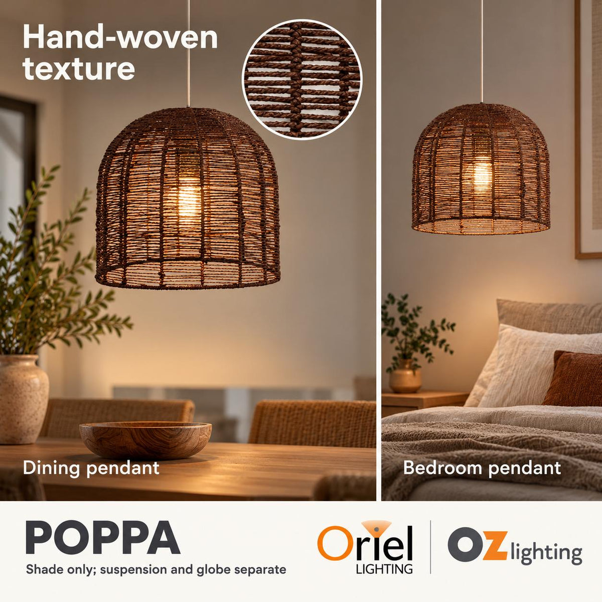 Oriel POPPA Hand-Woven Pendant Shade Only - SUSPENSION REQUIRED-Oriel Lighting-Ozlighting.com.au