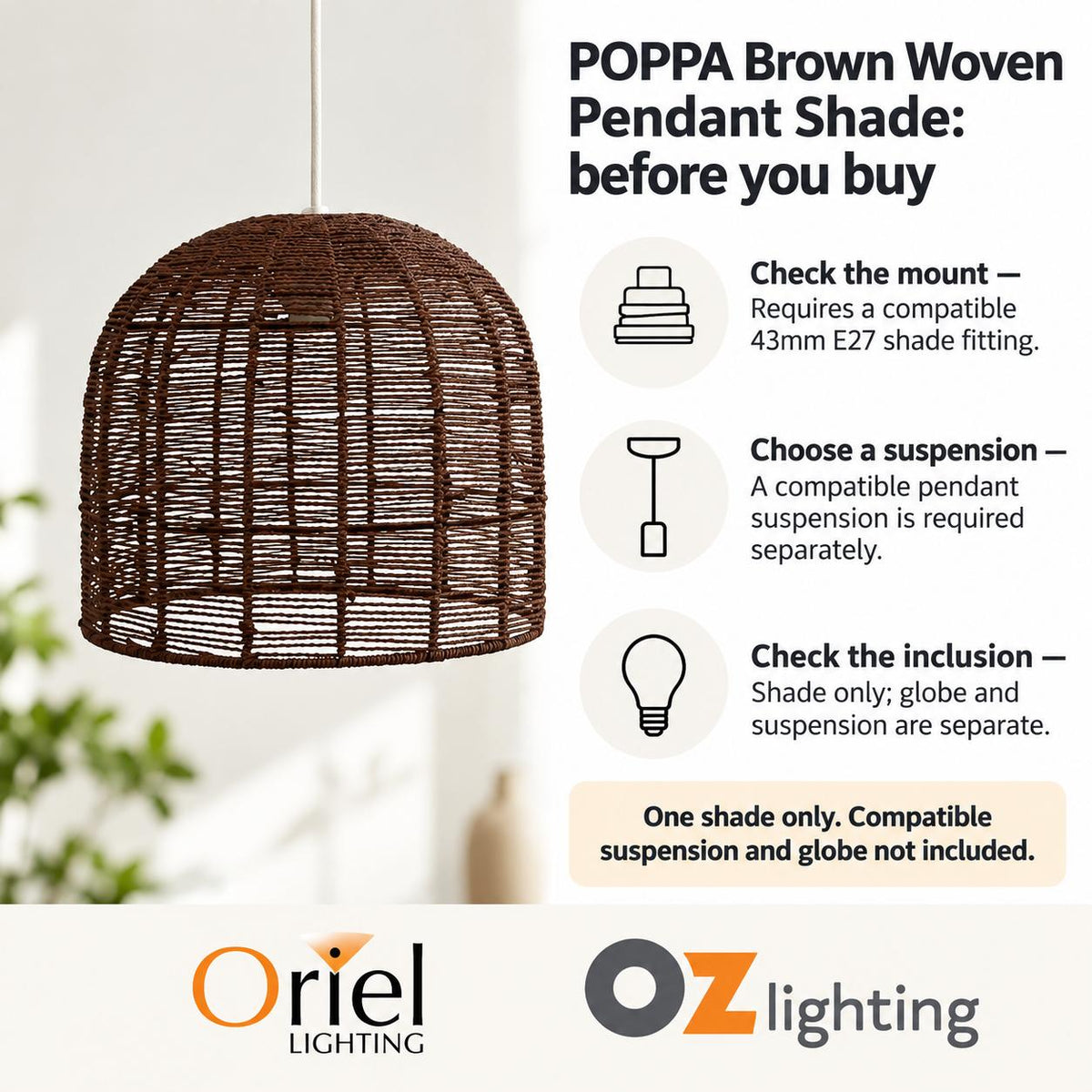 Oriel POPPA Hand-Woven Pendant Shade Only - SUSPENSION REQUIRED-Oriel Lighting-Ozlighting.com.au
