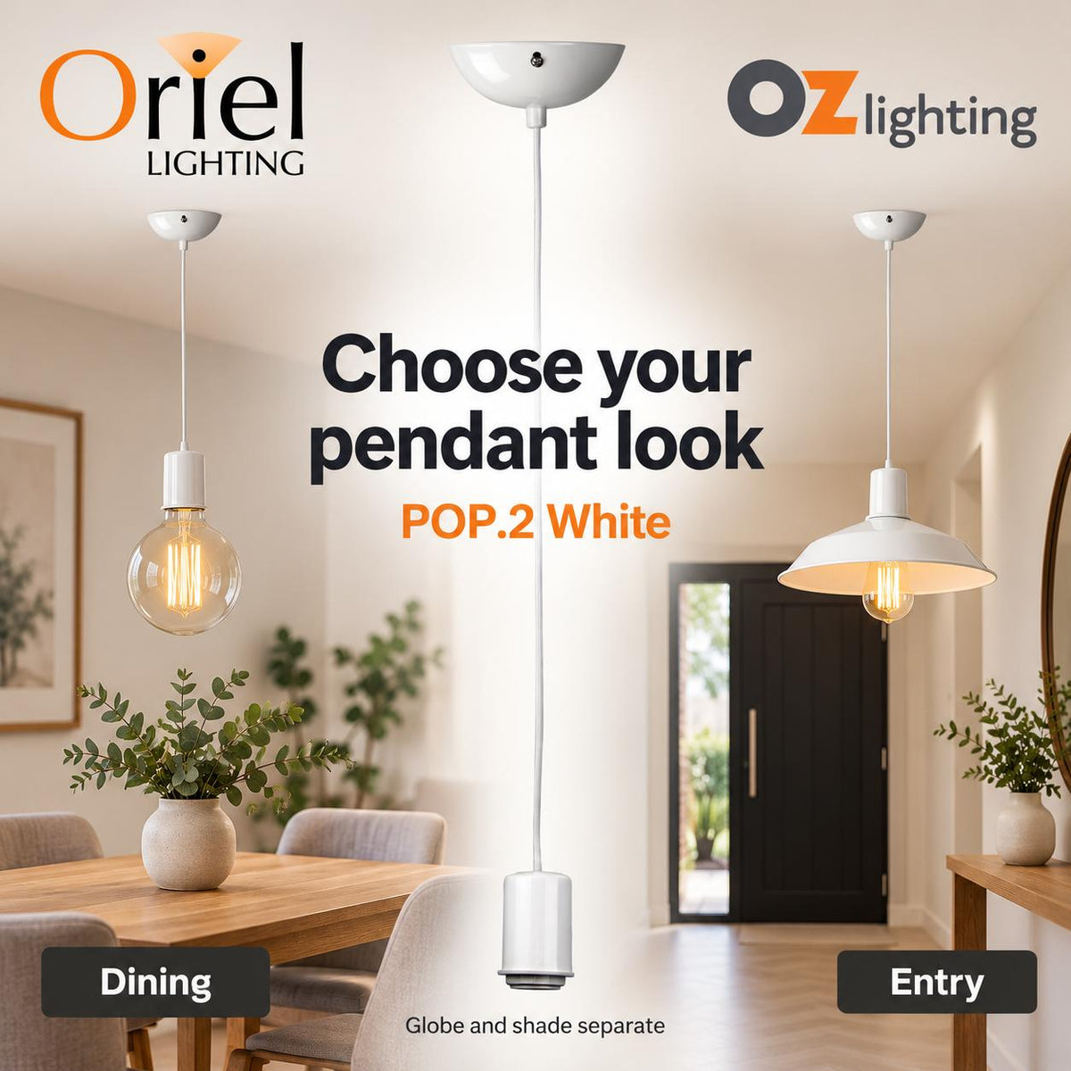Oriel POP.2 Pendant - 1 Light Single Drop Suspension Cable, White-Oriel Lighting-Ozlighting.com.au