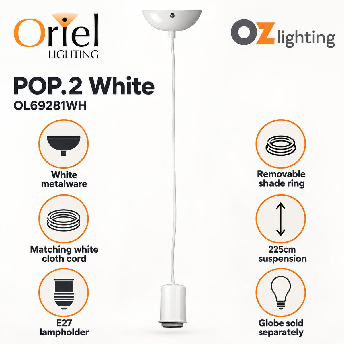 Oriel POP.2 Pendant - 1 Light Single Drop Suspension Cable, White-Oriel Lighting-Ozlighting.com.au