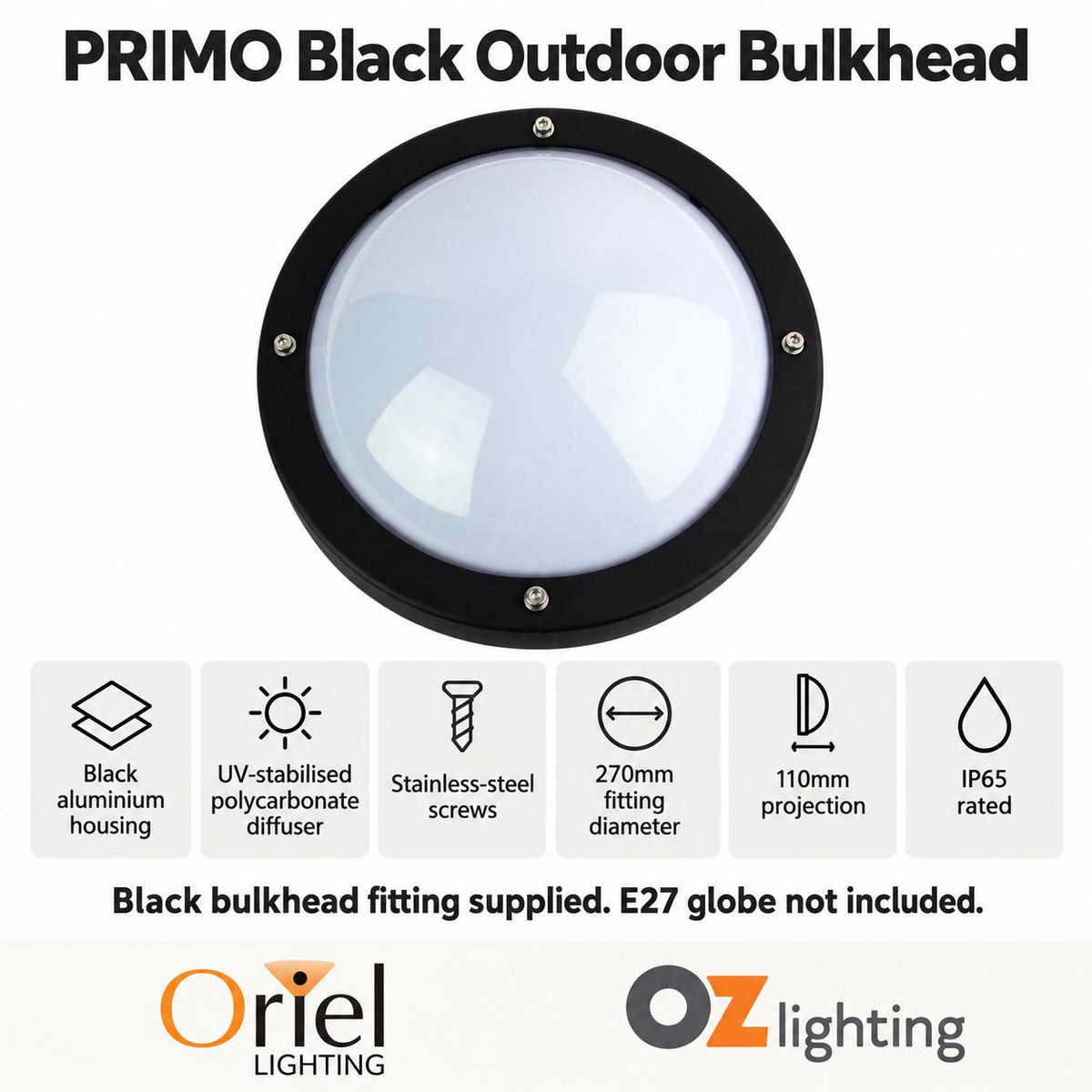 Oriel PRIMO Outdoor Ceiling Light - Premium Bulkhead Bunker, IP65-Oriel Lighting-Ozlighting.com.au
