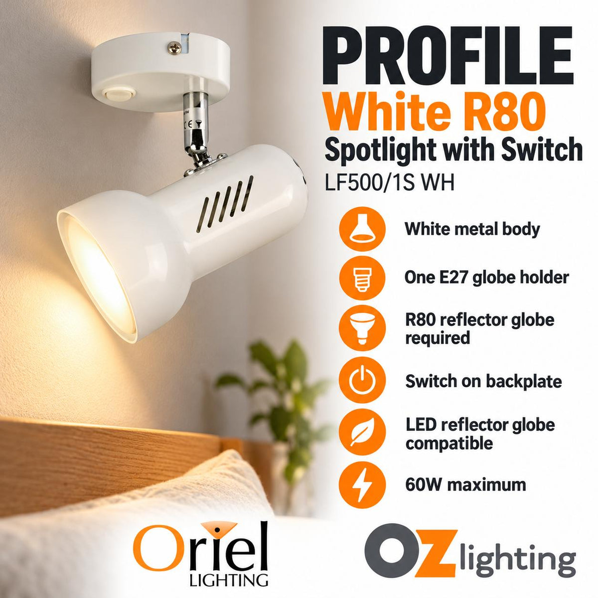 Oriel PROFILE Spotlight - 1 Light Classic R80, with Switch-Oriel Lighting-Ozlighting.com.au