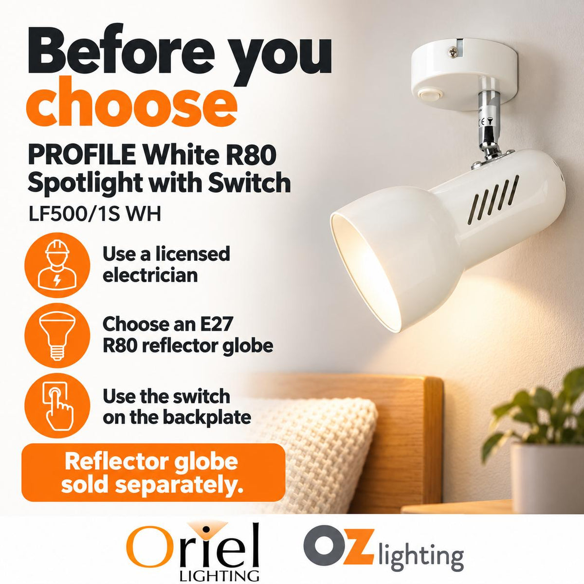 Oriel PROFILE Spotlight - 1 Light Classic R80, with Switch-Oriel Lighting-Ozlighting.com.au