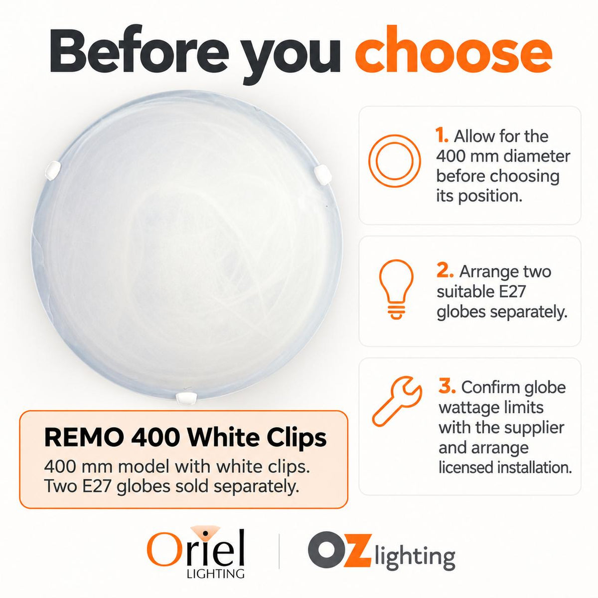 Oriel REMO Oyster Ceiling Light - Max. 60W, with White Clips Twin-Oriel Lighting-Ozlighting.com.au