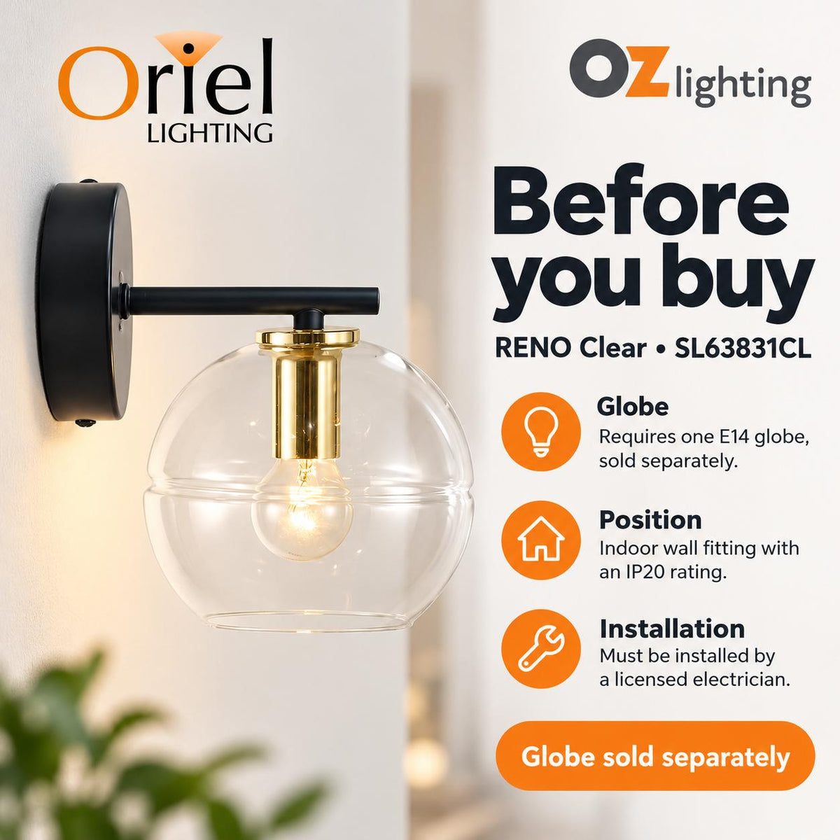 Oriel RENO Wall Light - 25W, Clear Glass-Oriel Lighting-Ozlighting.com.au
