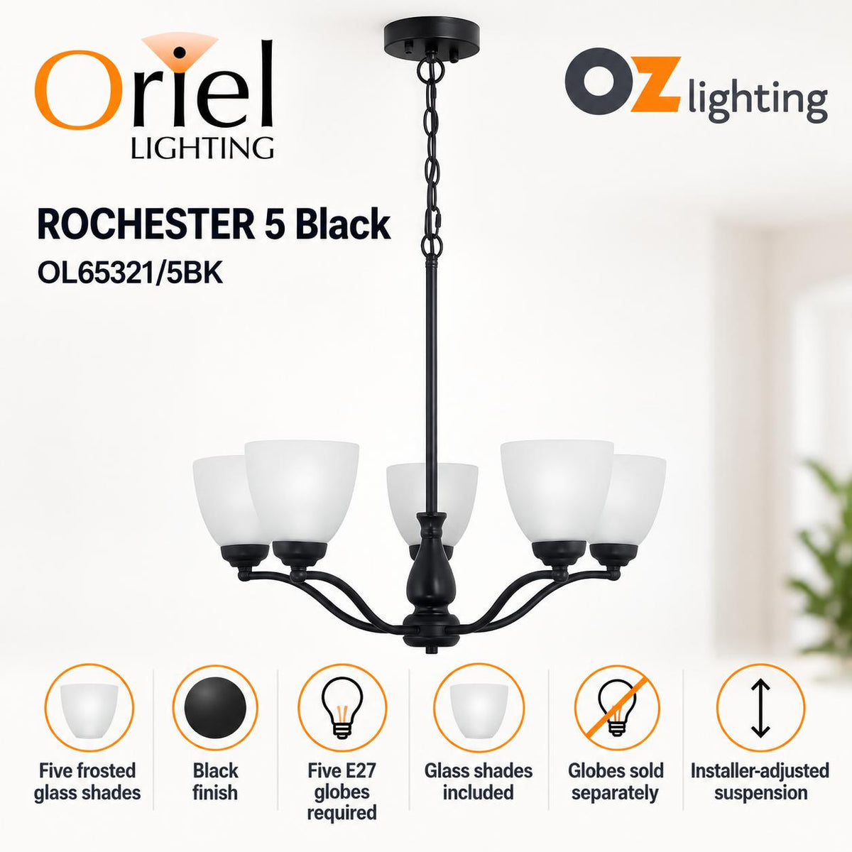 Oriel ROCHESTER Pendant - 5 Light Glass-Oriel Lighting-Ozlighting.com.au